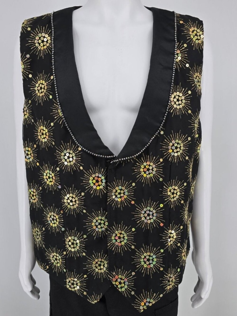 Vintage 1990s Rivars Stagewear Black Sunburst Sequin Rhinestone Trim Vest (XL)